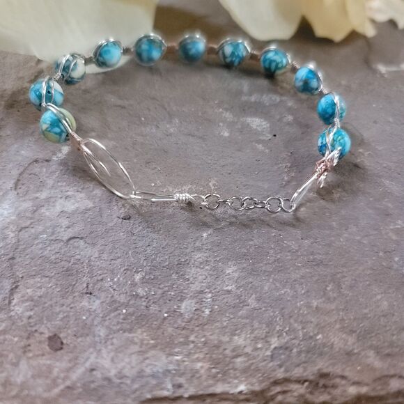 Handmade Turquoise Blue Beaded Silver Wire Wrapped Cuff Bracelet Boho Jewelry - Picture 4 of 4